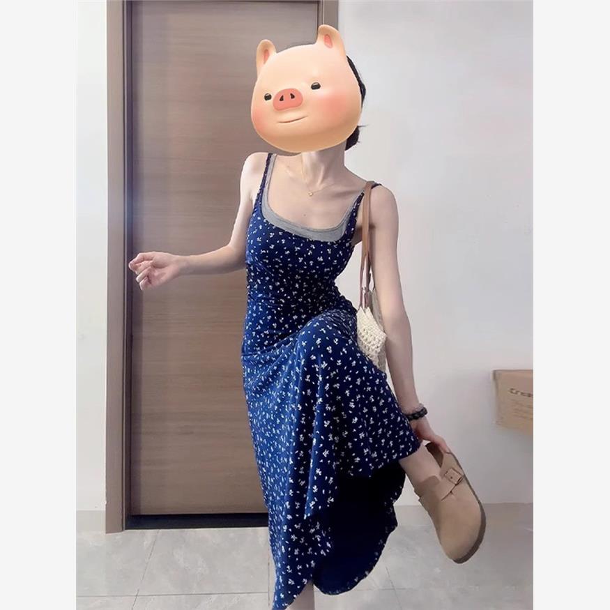 假两件碎花吊带连衣裙子