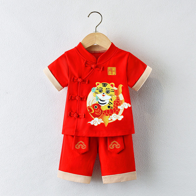 男宝宝抓周衣服男童0一1周岁宴礼服红色春夏季套装中国风唐装老虎