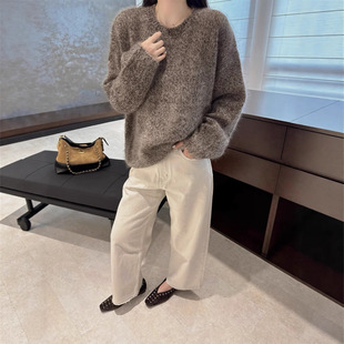 2025秋冬软糯花纱灰色纯羊毛衫女欧货圆领针织打底衫宽松加厚毛衣