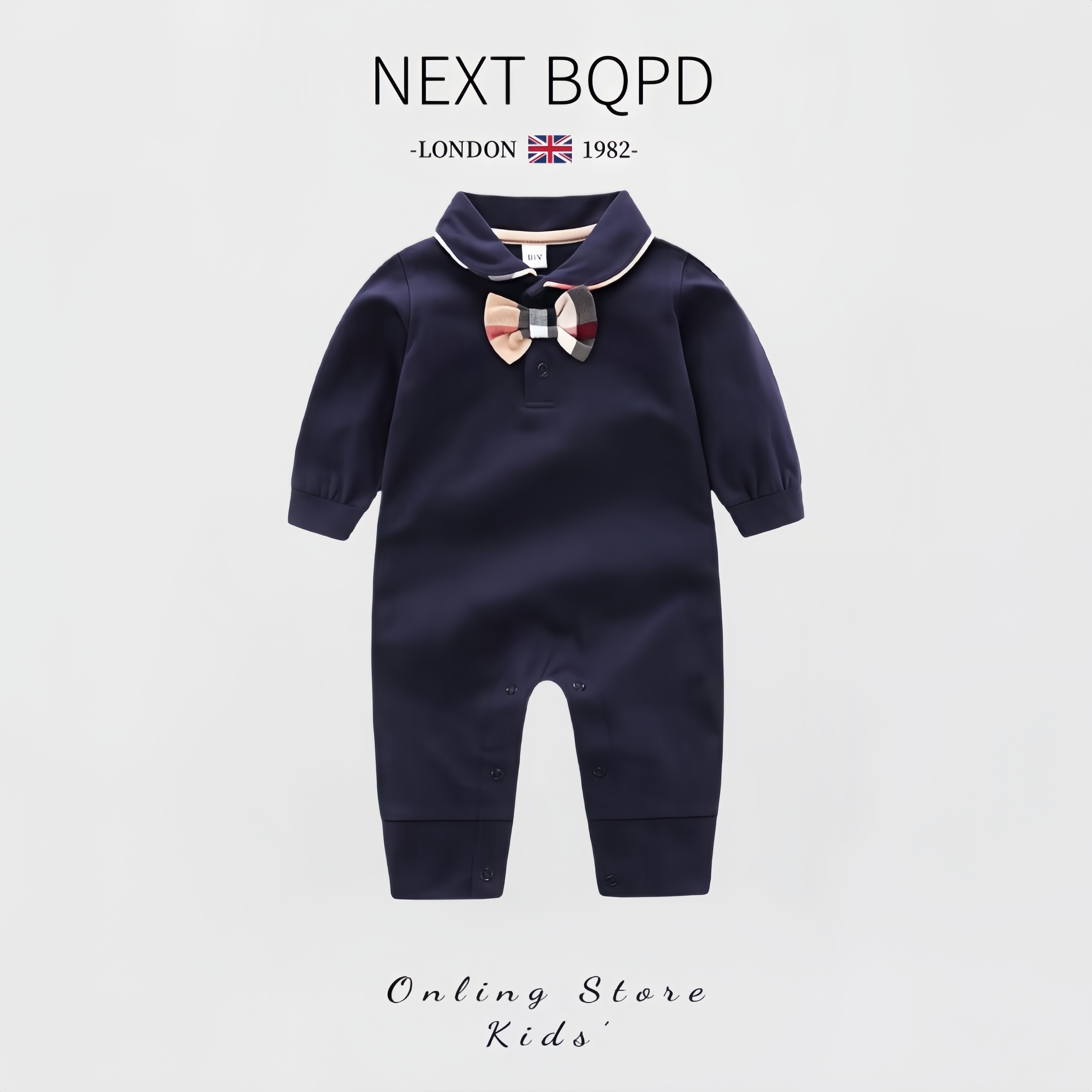 英国NEXT男宝宝绅士连体衣纯棉秋冬婴儿满月polo领结哈衣周岁礼服