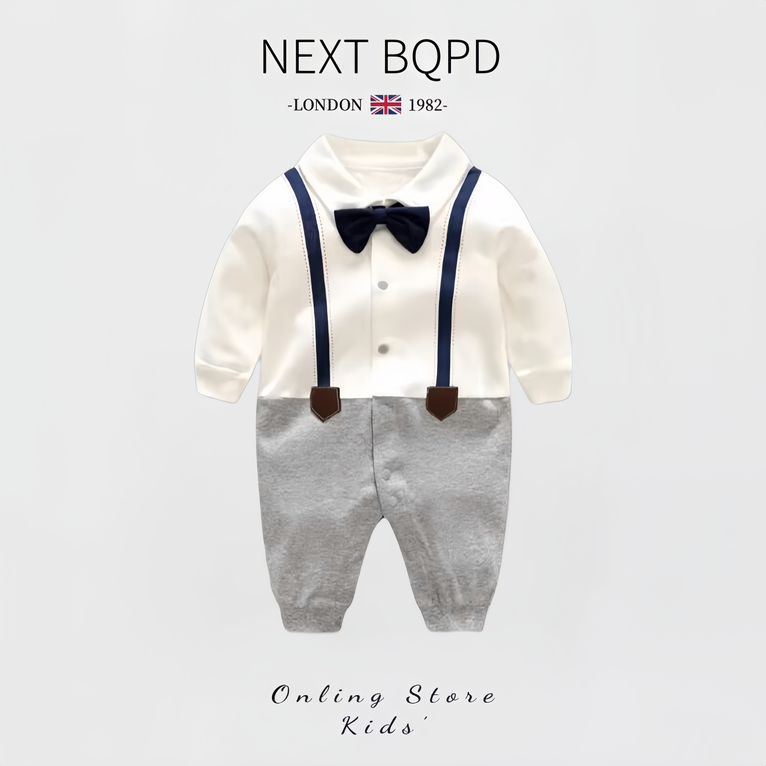 英国NEXT婴儿绅士连体衣秋冬英伦男宝宝满月领结哈衣纯棉周岁礼服
