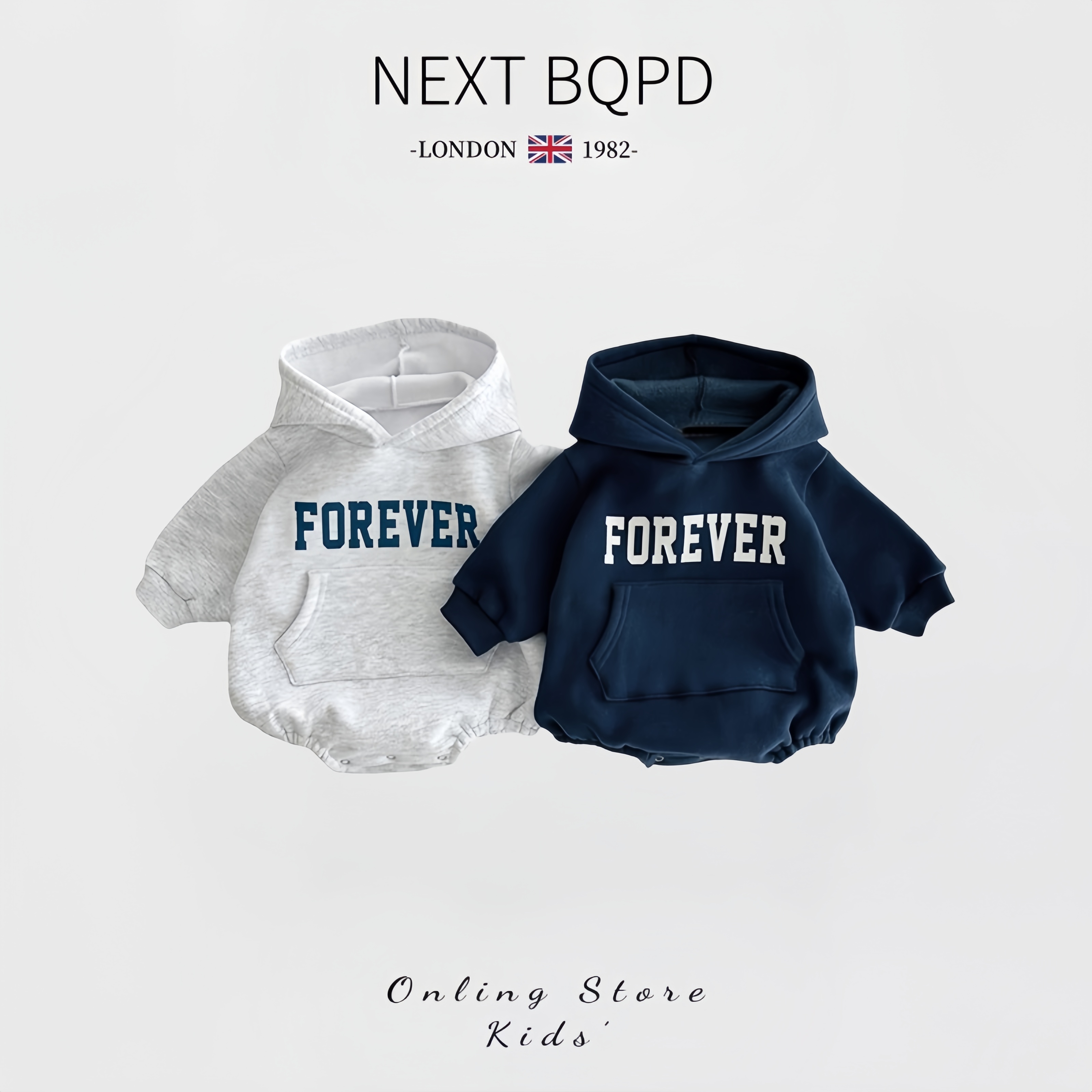 英国NEXT BQPD婴儿秋冬连体衣字母男女宝宝连帽抓绒卫衣包屁爬服
