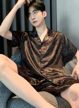 睡衣男士夏季冰丝短袖短裤薄款青少年男生夏天黑色大码家居服套装