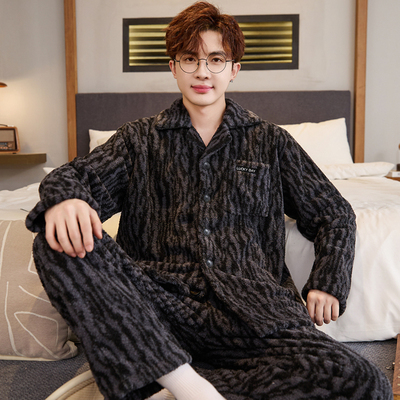 半边绒睡衣男士秋冬季长袖冬天保暖男款薄绒青少年条纹家居服套装