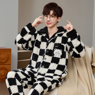 男士睡衣春秋冬季2025新款加绒加厚珊瑚绒青少年男生家居服套装