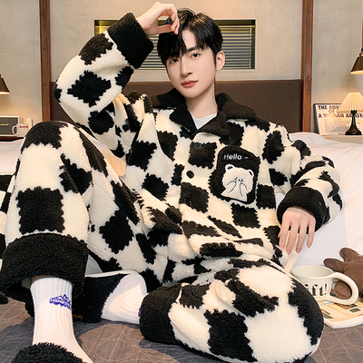 睡衣男秋冬季2024新款加绒加厚珊瑚绒男生加大码家居服两件套装