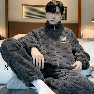 睡衣男士秋冬季珊瑚绒加厚加绒保暖男款拉链青少年男生家居服套装