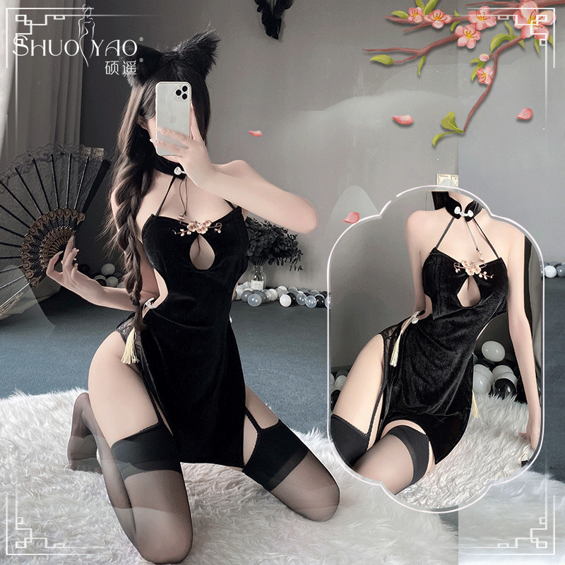 硕遥梅花刺绣高开叉性感裸背旗袍套装火辣内衣制服女