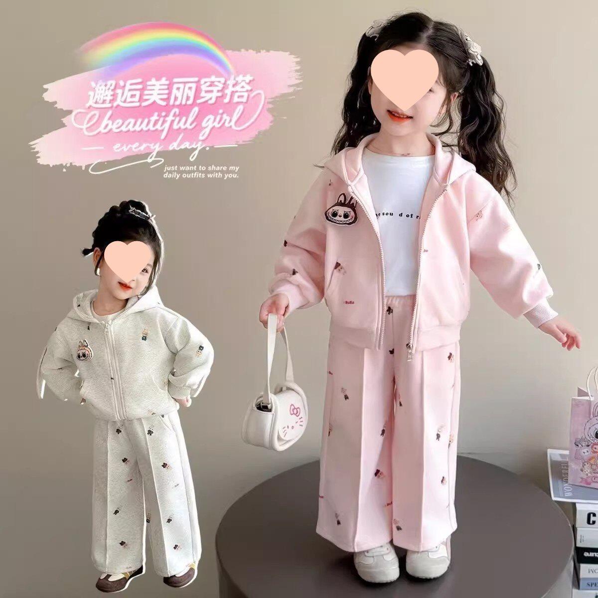 韩系女宝宝可爱兔子耳朵套装 中小童洋气满印印花休闲两件套