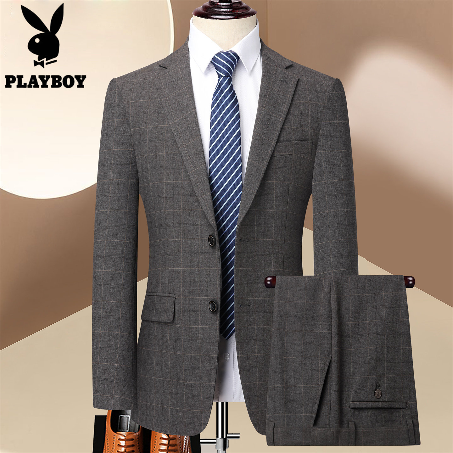 花花公子男士格子高级西服套装男中年商务职业正装免烫西装两件套