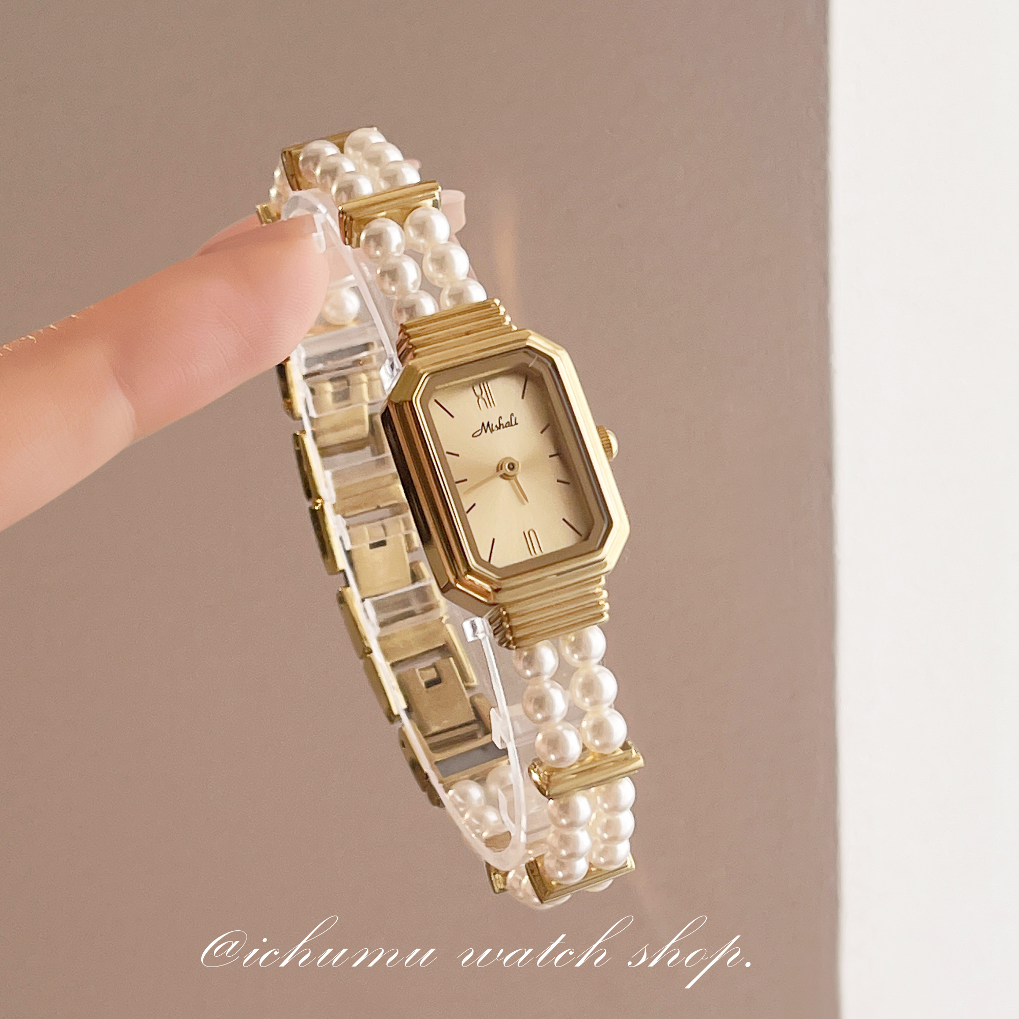 珍珠手链表女生生日礼物方形手表
