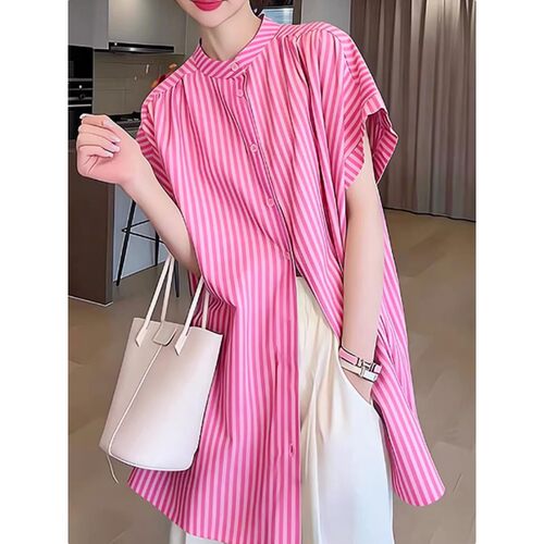 粉色条纹短袖衬衣女2026新款法式小资别致上衣减龄洋气中长款衬衫