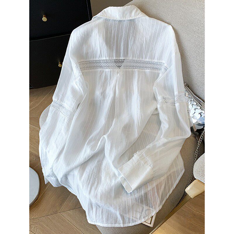 蕾丝镂空慵懒风~宽松白色防晒衬衫女款上衣夏季薄款冰丝衬衣外套图片