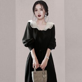 2023新款连衣裙春季法式复古气质荷叶领拼接森系名媛赫本风小黑裙