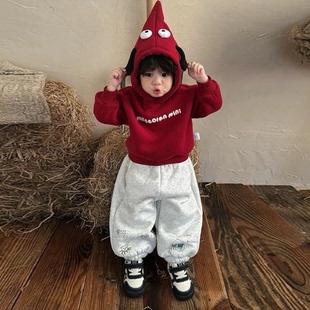 男童套装冬装2025新款洋气儿童可爱卡通精灵帽卫衣宝宝加绒运动裤