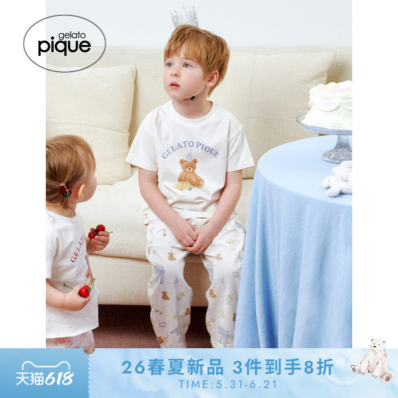 gelato pique26春夏新品儿童睡衣蓝色派对小熊短袖T恤PKCT262484