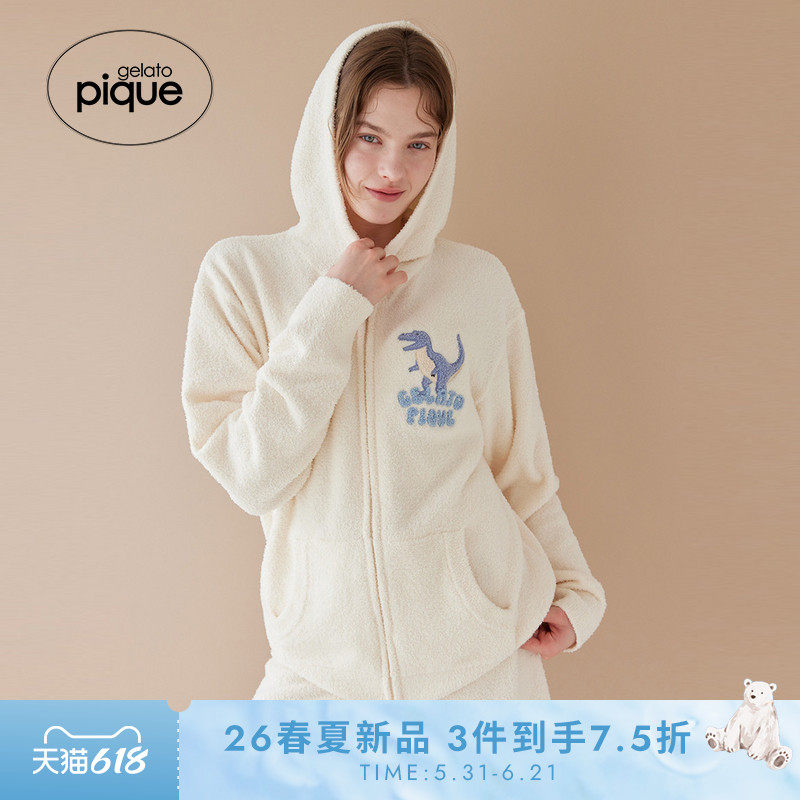 gelato pique26春夏新品女睡衣半边绒恐龙连帽衫居家PWNT261077