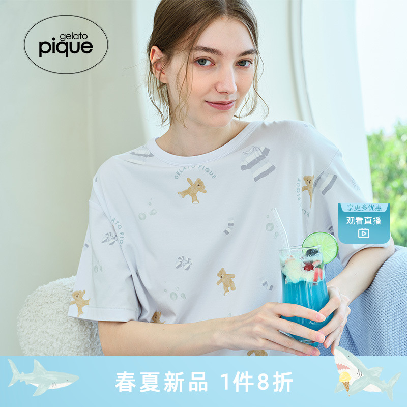 gelato pique25春夏新品女睡裙满印小熊圆领短袖连衣裙PWCO251291