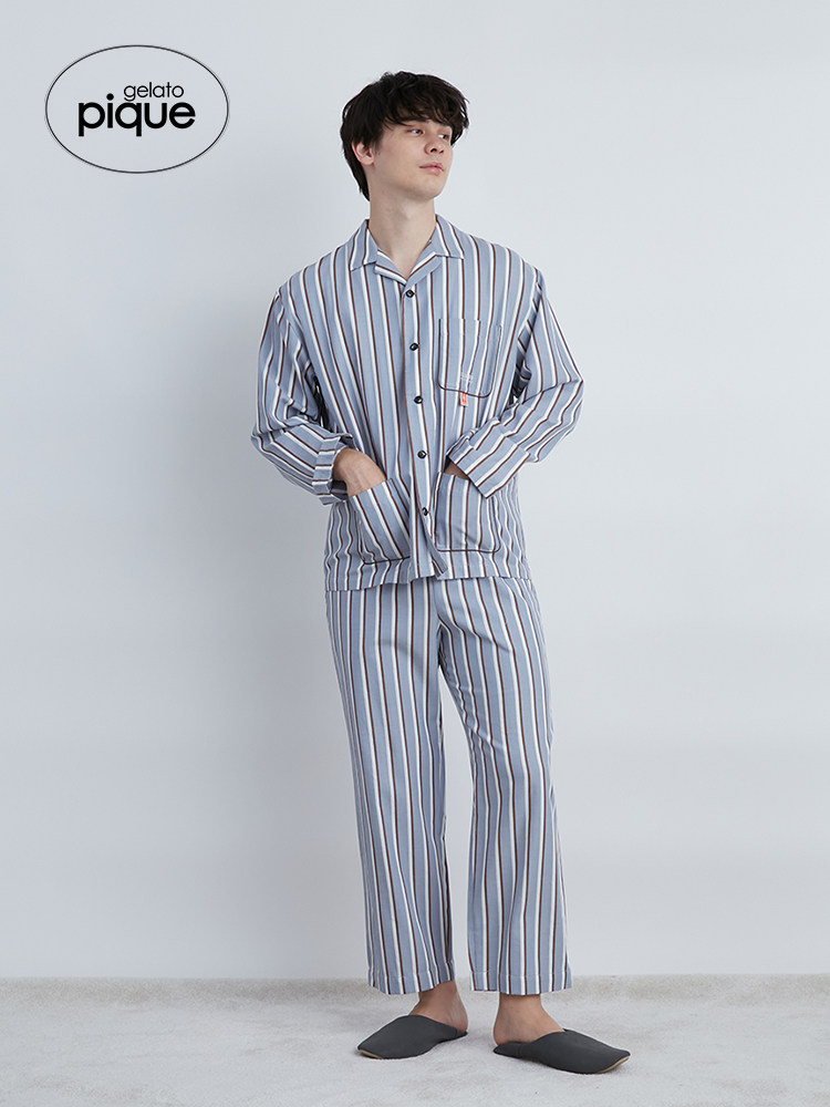 GELATO PIQUE AUTUMN COUPLE PAJAMAS EAMES STRIPED COTTON SHIRT PMFT224961
