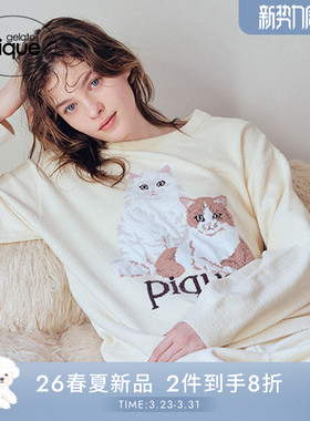 gelato pique26春夏新品女睡衣半边绒猫咪长袖套头衫PWNT261033
