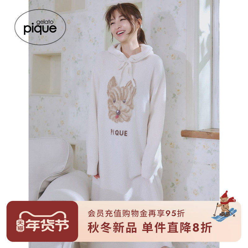 gelato pique25秋冬新品女睡裙半边绒曲奇狗连帽连衣裙PWNO255151