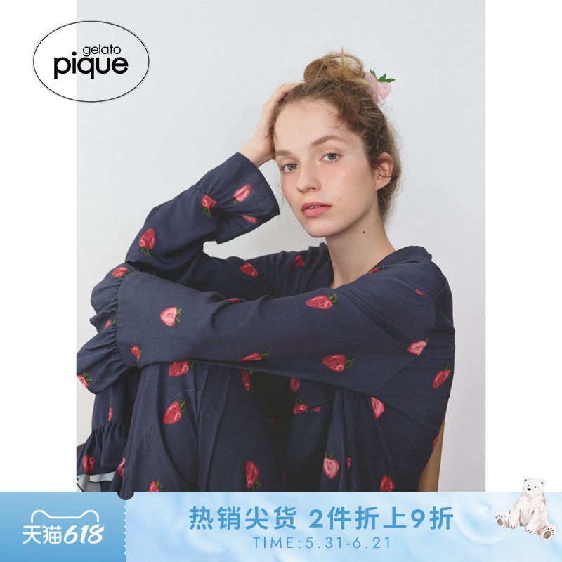 gelato pique25秋冬新品女睡衣草莓满印长袖衬衫居家PWFT255228