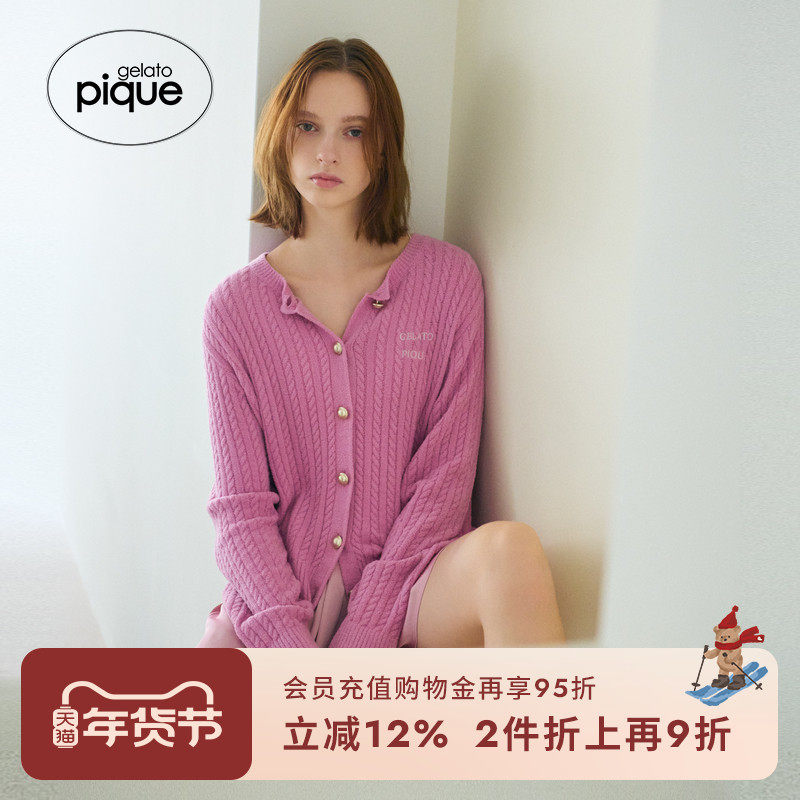gelato pique秋冬女睡衣纯色竖条罗纹开衫外穿PWNT244106