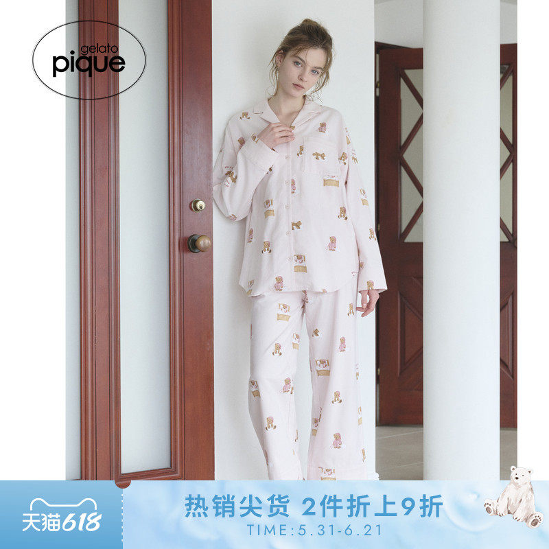 gelato pique25秋冬新品女睡裤晚安小熊满印系带长裤PWFP254368