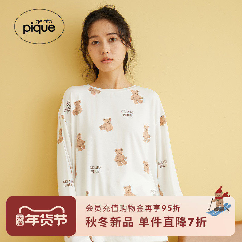 gelato pique25秋冬新品女睡衣动物蛋糕满印长袖T恤PWCT254370,女士内衣/男士内衣/家居服,睡衣上装,淘宝优惠券,粉丝福利购,淘宝优惠卷