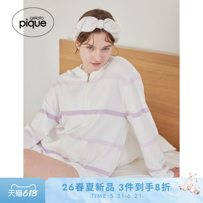 gelato pique26春夏新品女睡衣奶昔彩色条纹连帽拉链衫PWNT261136