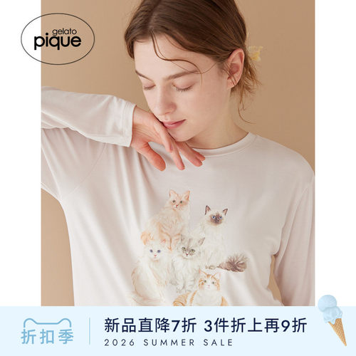 gelato pique26春夏新品女睡衣猫咪柔软长袖T恤居家PWCT261302