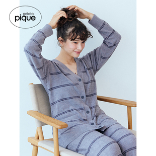 gelato PWNT245100 pique秋冬女睡衣薄半边绒条纹V领开衫