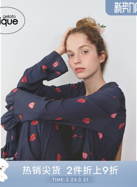 gelato pique25秋冬新品女睡衣草莓满印长袖衬衫居家PWFT255228