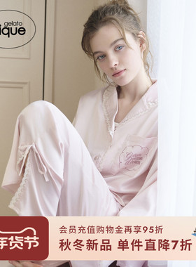 gelato pique25秋冬新品女睡衣缎面蕾丝长袖衬衫居家PWFT255264