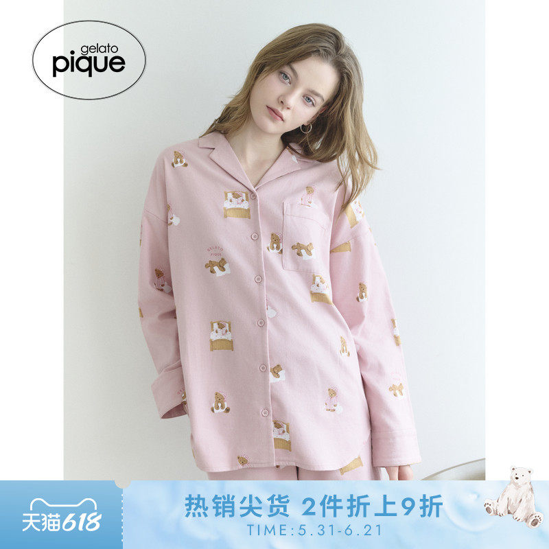 gelato pique25秋冬新品女睡衣晚安小熊满印衬衫居家PWFT254367