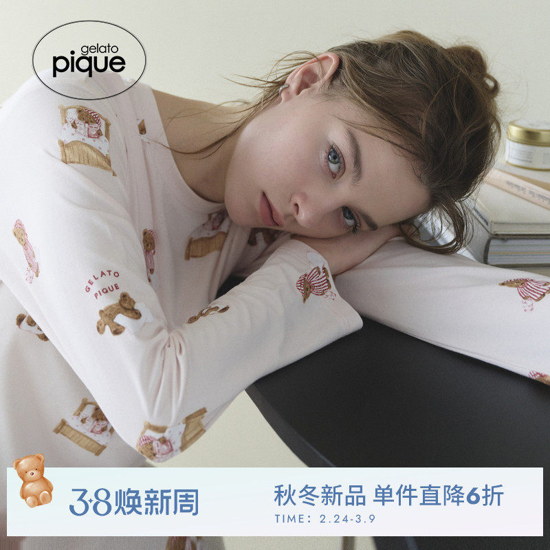 gelato pique25秋冬新品女睡裙晚安小熊满印连衣裙长裙PWCO254366