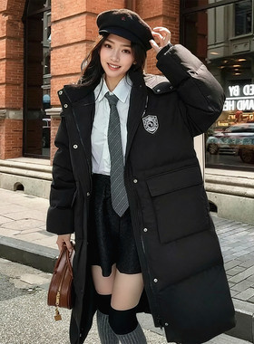 小龙家白鸭绒黑色jk学院风长款羽绒服女过膝宽松加厚韩系冬季学生