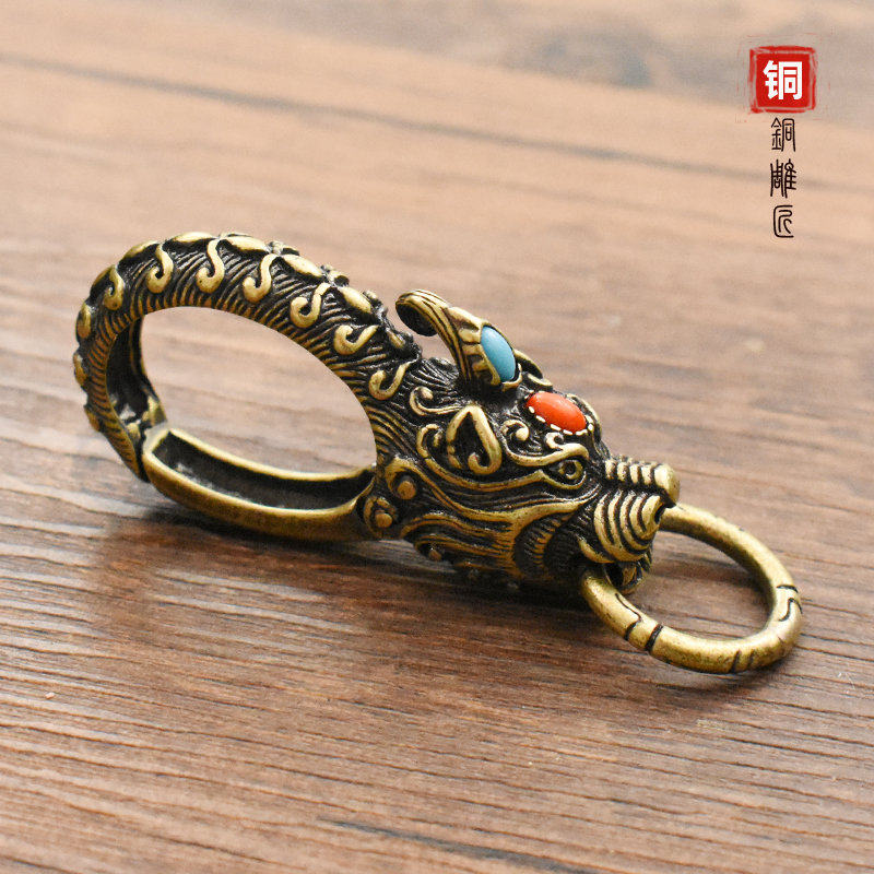 铜双色貔貅车钥匙扣瑞兽财布链挂钩黄铜龙头汽车钥匙扣男个性创意