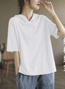 纯棉好货美式复古连帽宽松显瘦短袖t恤女2024年夏季百搭上衣女潮