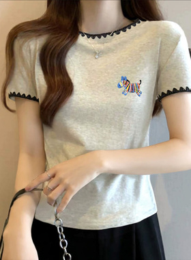 米灰色圆领纯棉拼接短袖t恤女夏季新款内搭百搭独特撞色上衣女ins