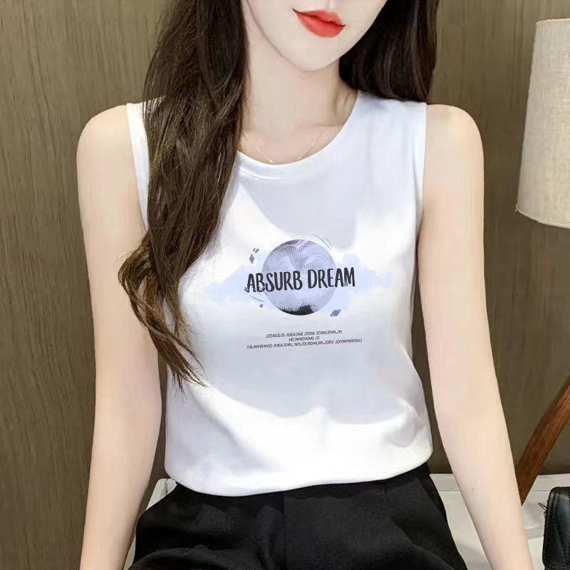 外贸夏季圆领宽松大码内搭印花设计感纯棉小吊带无袖上衣背心体恤