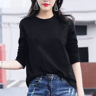 2023秋季新款纯棉长袖t恤女宽松百搭显瘦韩版休闲黑色打底衫上衣