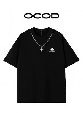 Adidas阿迪达斯短袖链条T恤男女同款黑色印花宽松美式风纯棉体恤