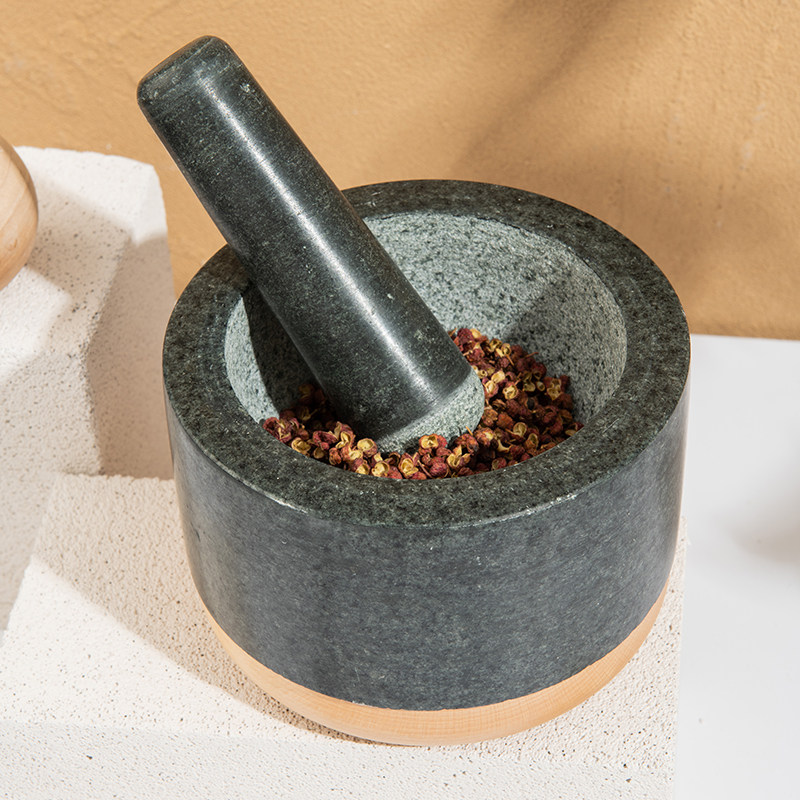 天然石材捣蒜石臼实木底座蒜臼厨房工具研磨器中药钵糍粑德国品质