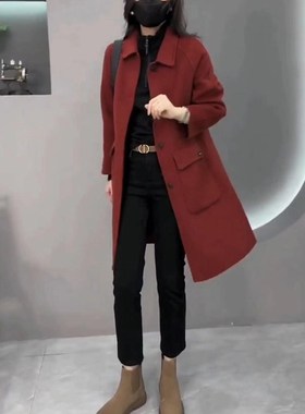 今年流行特惠23780大爱美依缘2025新款红色翻领中长款毛呢外套