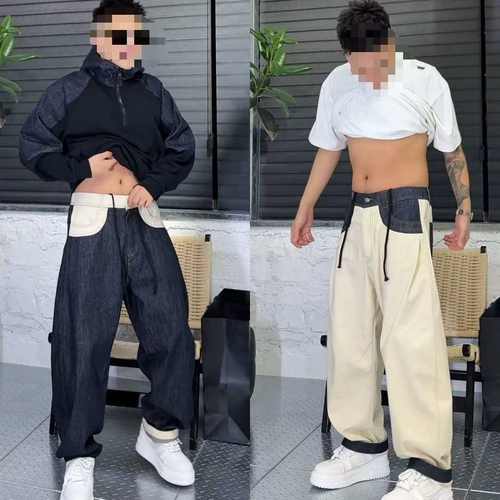今年流行特惠语乐2025秋冬款撞色拼接直筒休闲牛仔裤宽松百搭潮流