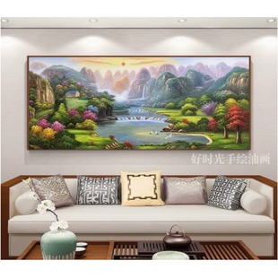 饰画定制 纯手绘高端油画山水风景聚宝盆客厅玄关背景装