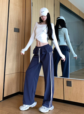 JumpingCat松弛百搭运动裤休闲荷叶边条纹瑜伽健身直筒阔腿裤女