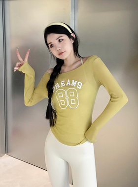 JumpingCat美式复古印花开阔圆领紧身长袖T恤户外运动瑜伽服上衣