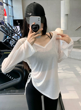 JumpingCat瑜伽罩衫长袖遮臀女褶皱抽绳t恤宽松休闲健身瑜伽服